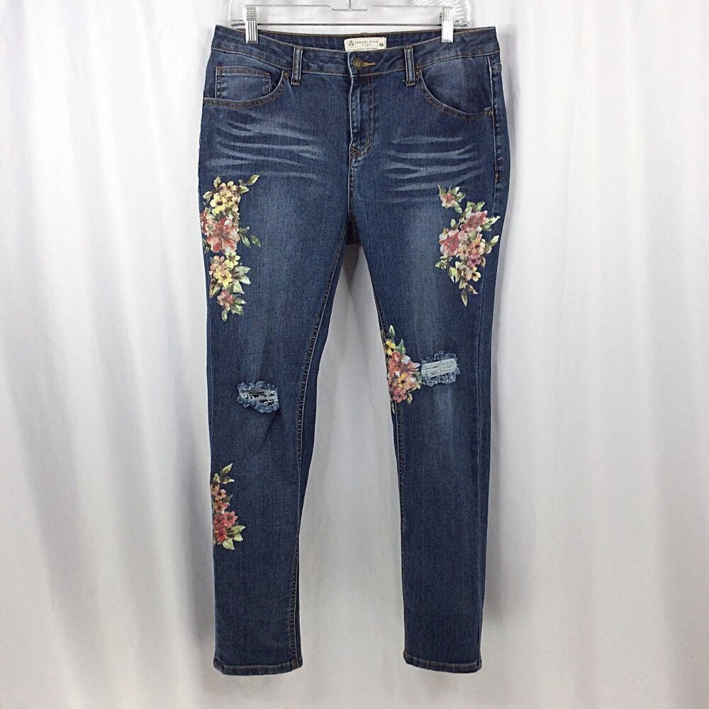 Angel Kiss Floral Jeans Womens Size 13 Mid Rise Distressed Denim - Picture 1 of 8